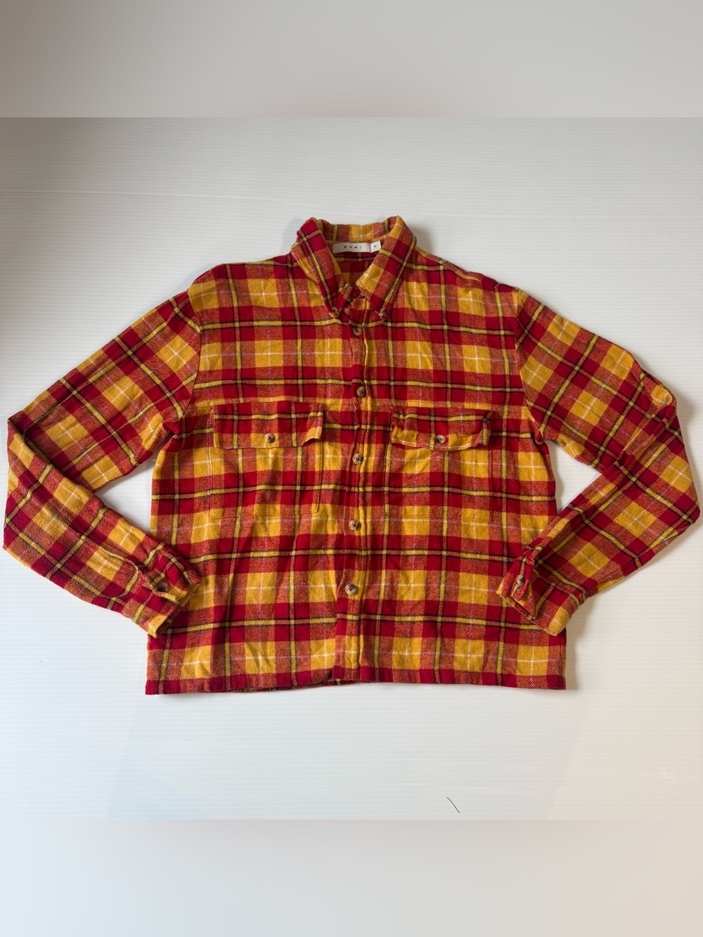 MNML Red Mustard Yellow Plaid Flannel Shacket Cropped Overshirt Streetwear M